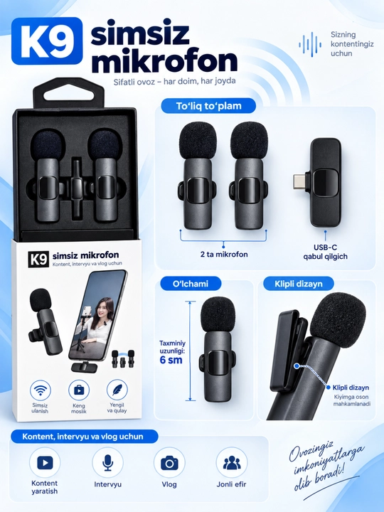 K9 simsiz mikrofon, 2 ta klipsli mikrofon va USB-C qabul qilgich