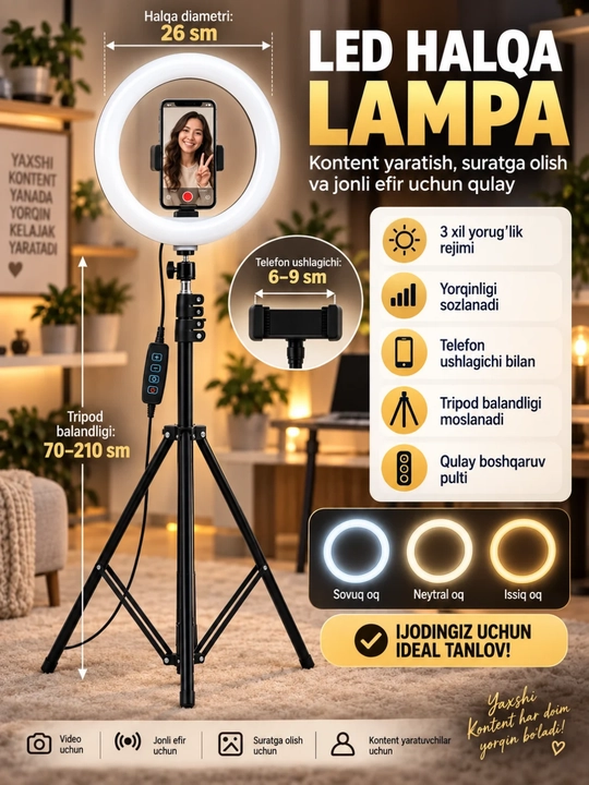 LED halqa lampa 26 sm, telefon ushlagichli va sozlanadigan tripodli Ring Ligh