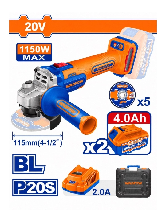 WADFOW WLAPB522 20V 115mm simsiz cho'tkasiz silliqlash mashinasi - 