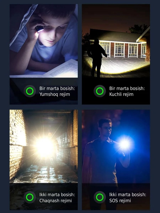 Portativ qayta zaryadlanuvchi fonar, 4 ta yoritish rejimi