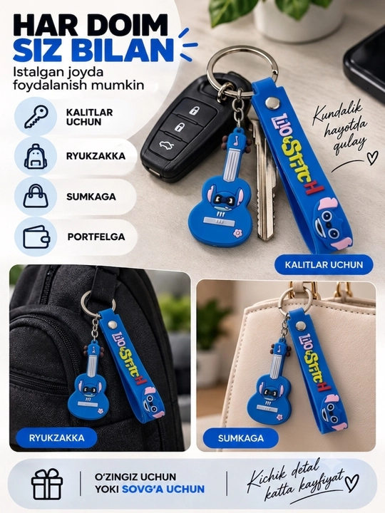 Kalitlar, sumka va ryukzak uchun tasmali va multqahramon figura tushirilgan silikon brelok