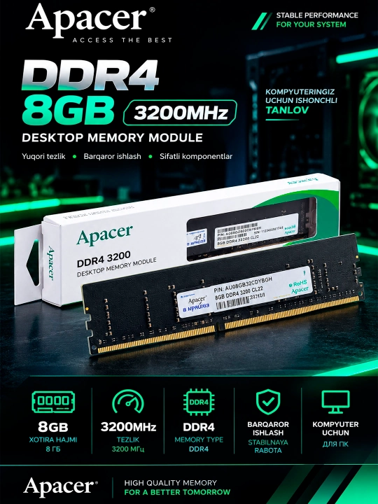 Оперативная память для Компьютера Apacer DDR4 8GB 3200 MHz - 