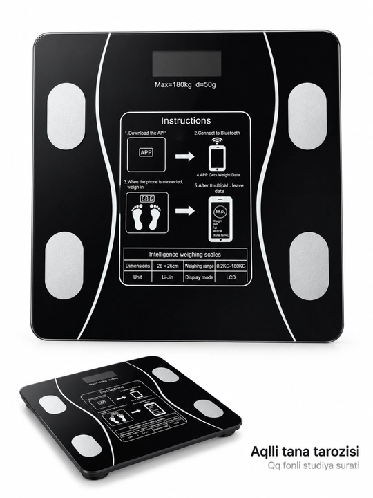 Aqlli elektron tana tarozisi, Bluetooth va LCD displey, 180 kg gacha