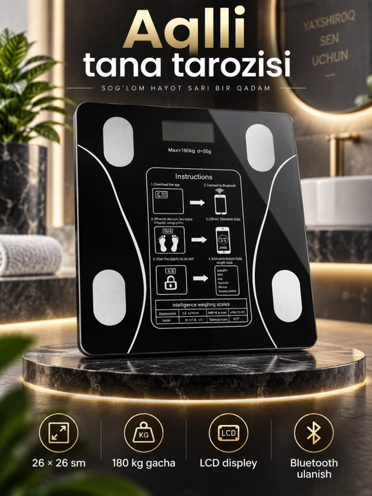 Aqlli elektron tana tarozisi, Bluetooth va LCD displey, 180 kg gacha