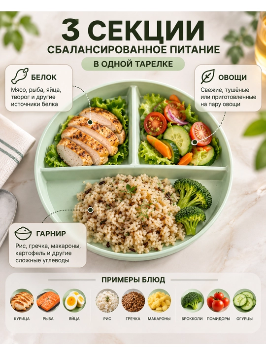 Тарелка с разделителями, 3 секции, 22 см, для порционного питания