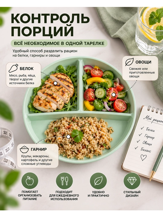 Тарелка с разделителями, 3 секции, 22 см, для порционного питания