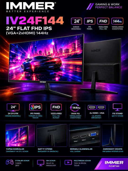 Monitor IMMER IV24F144 24" Dyum FLAT FHD IPS (VGA+2xHDMI) 144Hz FIX STAND qora - 