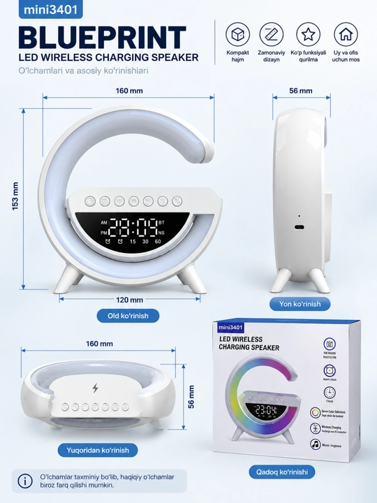Mini3401 simsiz quvvatlash moslamasi, LED tungi chiroq va soatli Bluetooth karnay