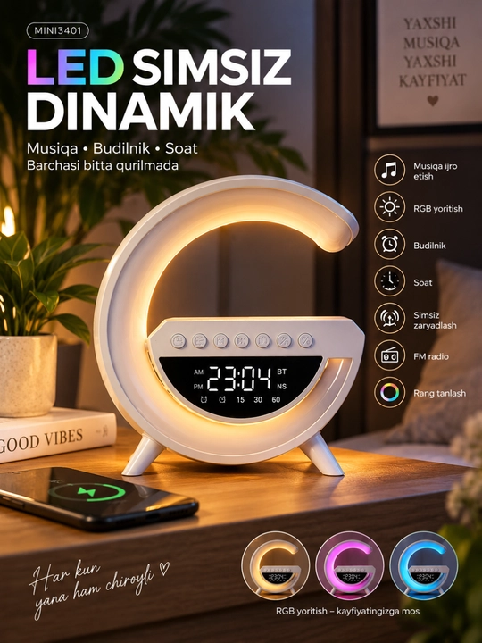 Mini3401 simsiz quvvatlash moslamasi, LED tungi chiroq va soatli Bluetooth karnay