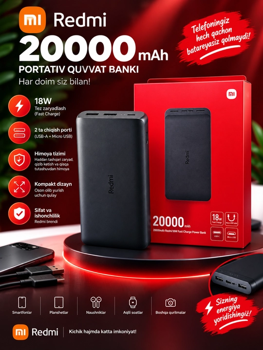 Redmi Power Bank 20000 mAh — 18W Tez Zaryadlovchi Tashqi Akkumulyator - 