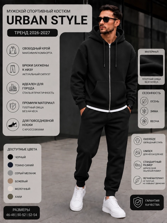 Мужской спортивный костюм на молнии, Urban Style, осень–зима–весна - 