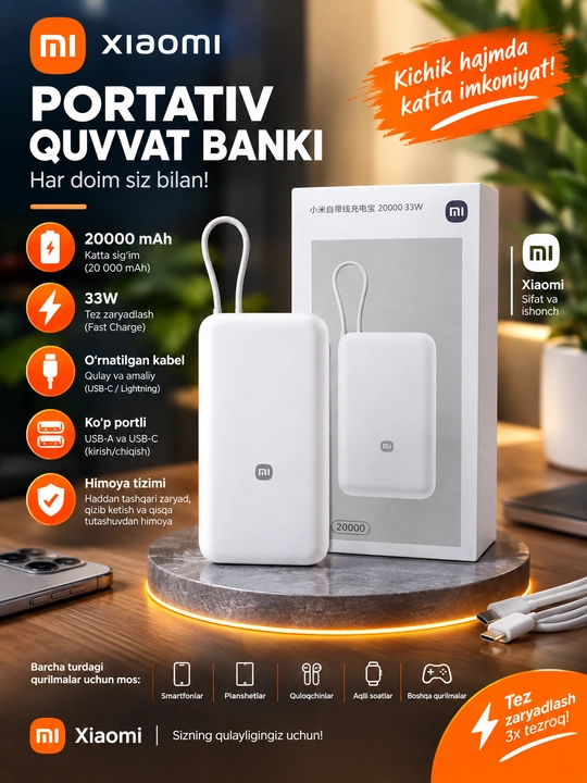 Xiaomi Power Bank 20000 mAh 33W — tez zaryadlovchi portativ akkumulyator - 