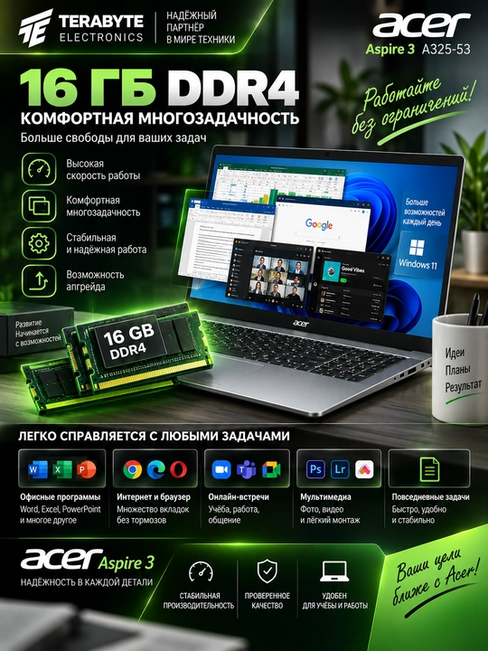 Ноутбук Acer Aspire 3 A325-53 Core I5-1334U/ DDR4 16GB/ SSD 512GB/ 15.6 IPS / Win11