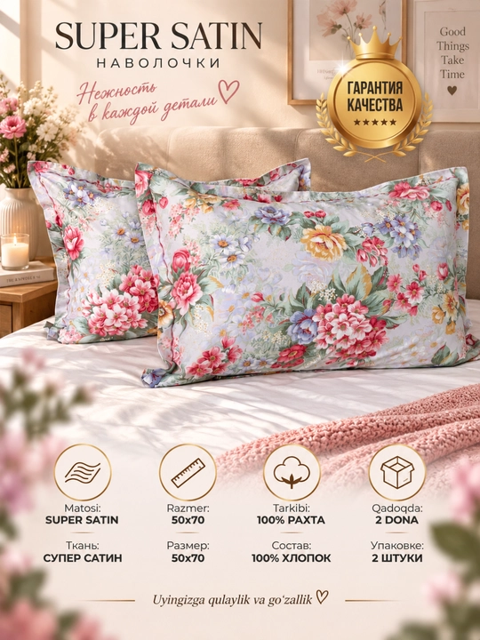 Yostiq jildi 70x50, Super satin, 2 dona ,100% paxta