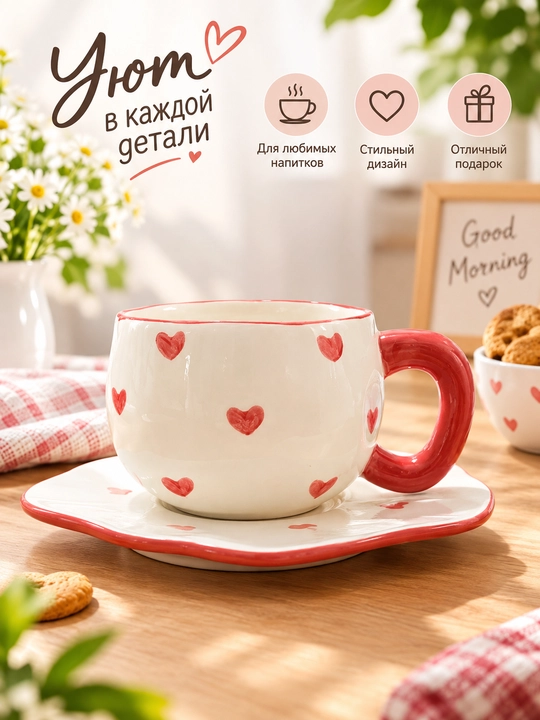 Choy va qahva uchun gulli dizaynli likopchali sopol chashka - 