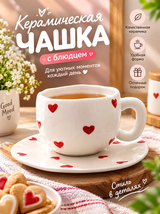 Choy va qahva uchun gulli dizaynli likopchali sopol chashka - 