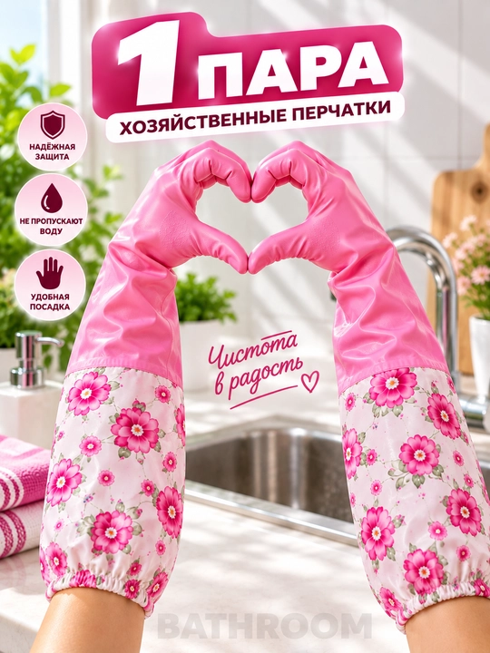 Перчатки хозяйственные длинные для уборки и мытья посуды, многоразовые - 