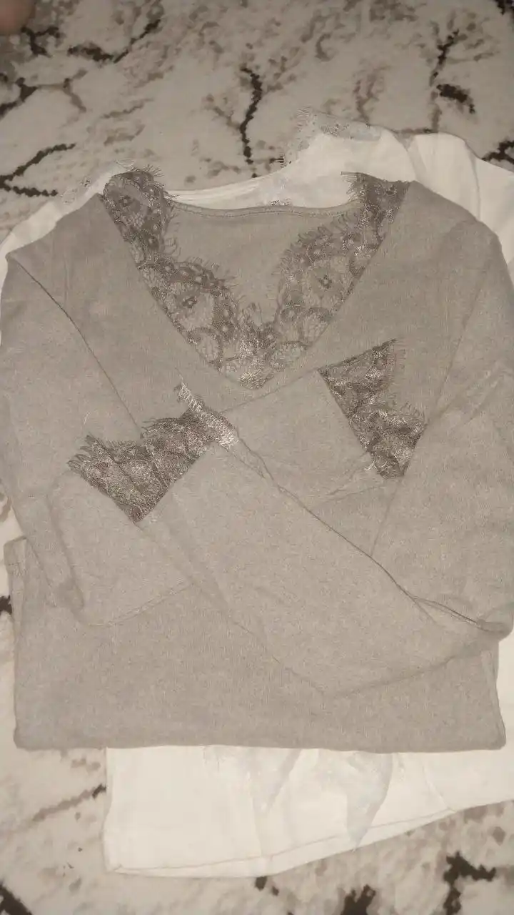 Женский лонгслив с кружевом, V-вырез, велюр S-XL