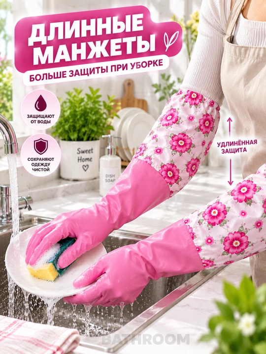 Перчатки хозяйственные длинные для уборки и мытья посуды, многоразовые