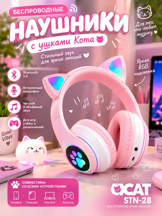 Simsiz quloqchin CAT STN-28 — mushuk quloqli RGB yoritgichli mikrofonli Bluetooth naushnik - 