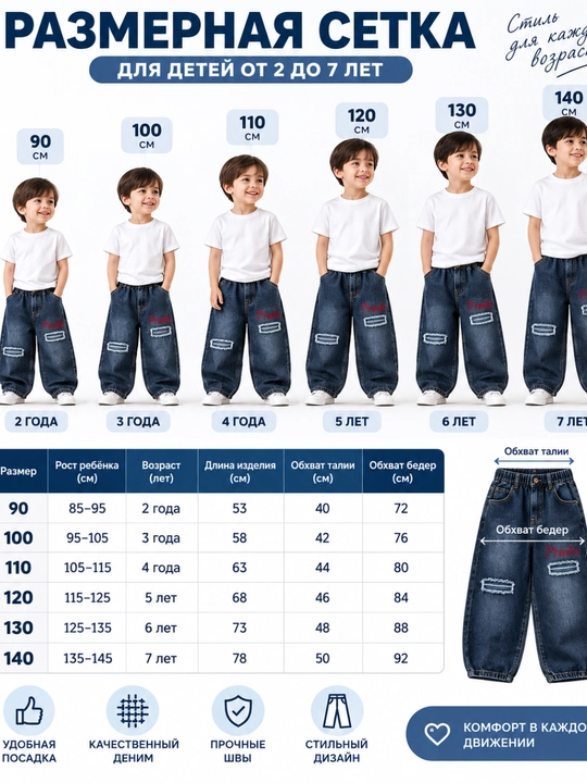Bolalar jinsi shim, o‘g‘il bolalar jinsi, denim shim, 1-8 yosh, kundalik shim, keng jinsi