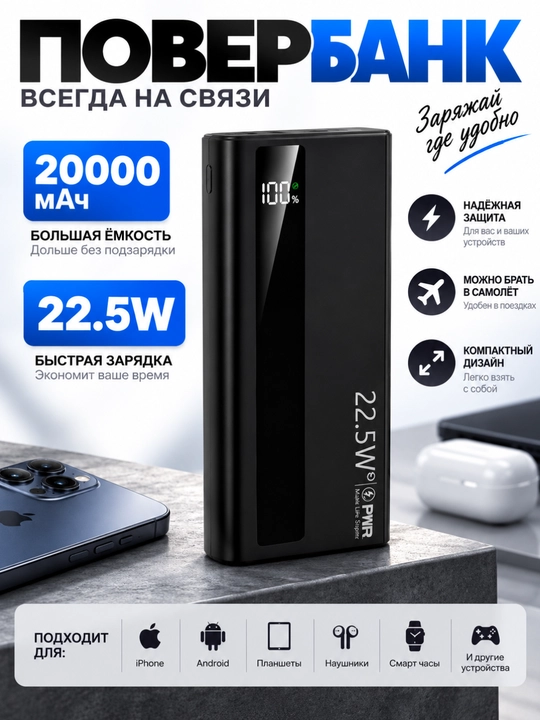 Tashqi akkumulyator 22.5w tezkor quvvat 20000 mA/h 100% sifatli mahsulot