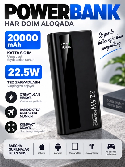 Tashqi akkumulyator 22.5w tezkor quvvat 20000 mA/h 100% sifatli mahsulot - 