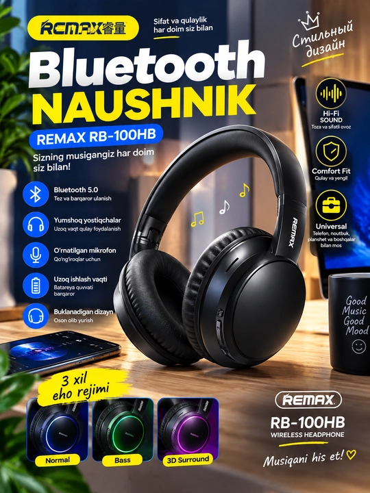 REMAX RB-100HB Simsiz Bluetooth Naushnik — Stereo Ovoz, Mikrofonli, Buklanadigan