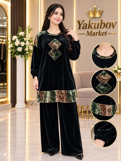 Ayollar uchun ikkitalik kostyum, yumshoq mato, keng shim va naqshli ko‘ylak, zamonaviy to‘plam - 