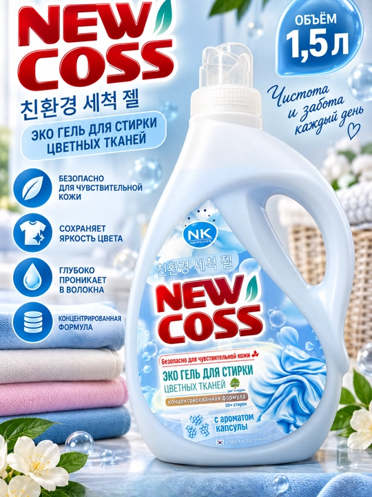 Гель для стирки цветных тканей NEW COSS, 1.5 л — концентрированная формула - 