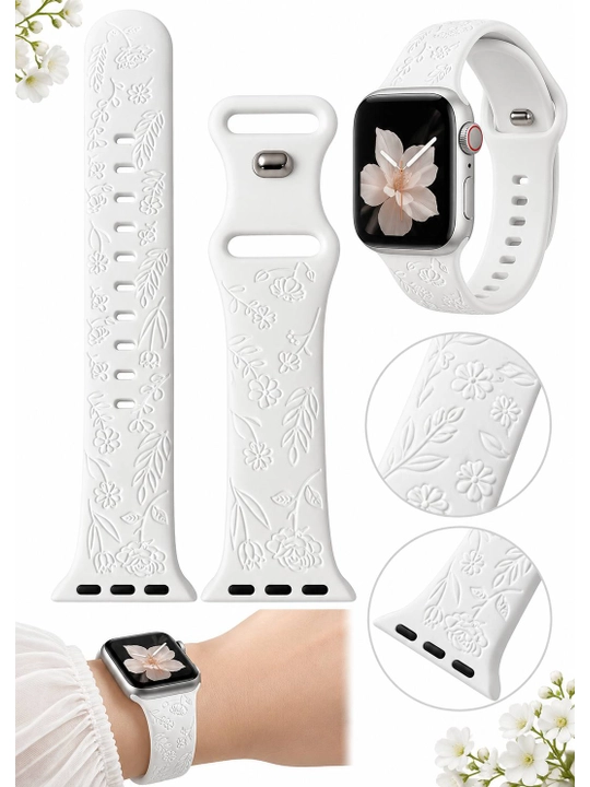 Ремешок для Apple Watch белый силиконовый с цветочным узором,38/40/41/42 и42/44/45/46/49мм