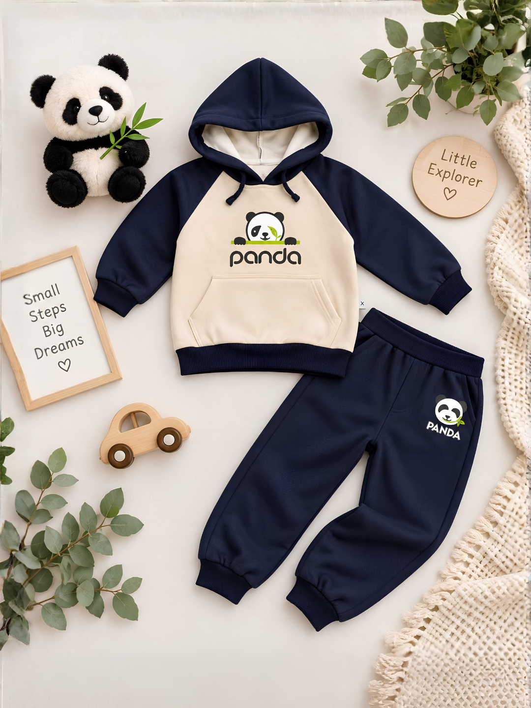 O‘g‘il bolalar uchun Panda sport kostyumi, xudi va shim komplekti, ichki nachos bilan