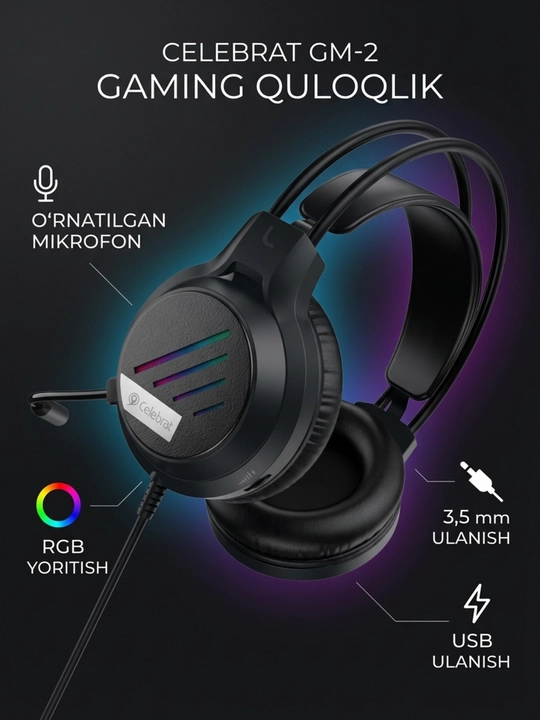 Gaming quloqchin GM2, mikrofonli, RGB yoritish, 3.5 mm + USB, kompyuter uchun
