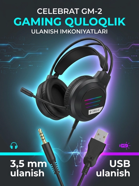 Gaming quloqchin GM2, mikrofonli, RGB yoritish, 3.5 mm + USB, kompyuter uchun