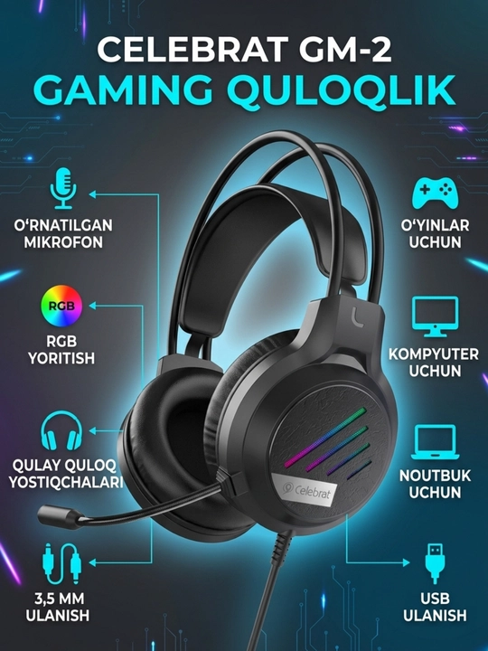 Gaming quloqchin GM2, mikrofonli, RGB yoritish, 3.5 mm + USB, kompyuter uchun - 
