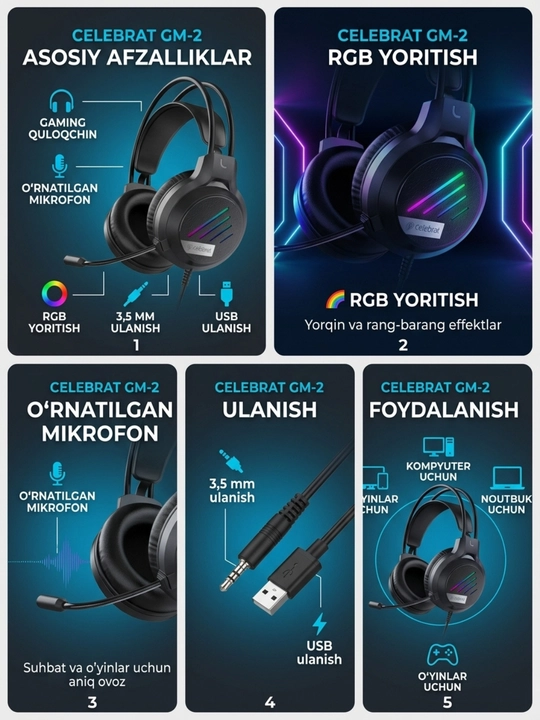 Gaming quloqchin GM2, mikrofonli, RGB yoritish, 3.5 mm + USB, kompyuter uchun