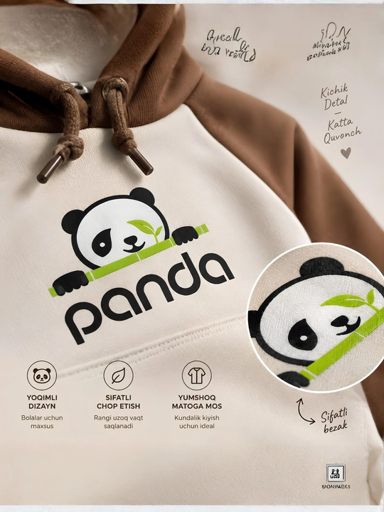 O‘g‘il bolalar uchun Panda sport kostyumi, xudi va shim komplekti, ichki nachos bilan