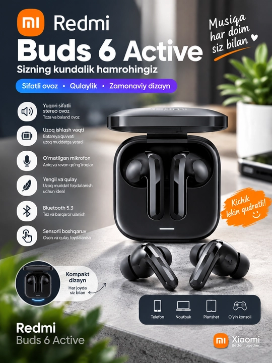 Redmi Buds 6 Active — zamonaviy simsiz Bluetooth quloqchin