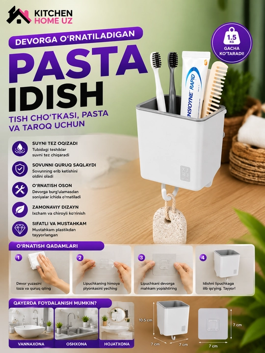 Tish cho‘tkalari, tish pastasi va taroqlar uchun devorga o‘rnatiladigan organayzer tutqich