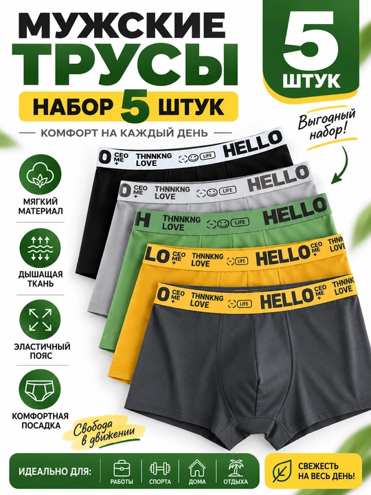 Мужские трусы, нижнее белье, набор из 4-5 шт, мягкие - 
