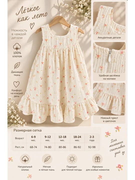 Tiffany Baby 100% paxtali muslin ko‘ylak, oq rangda, gulli printli - 