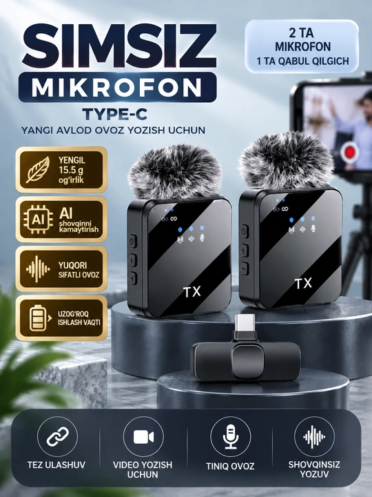 Type-C Simsiz Mikrofon — 2 dona, Shovqinni Kamaytirish, Video va Ovoz yozish uchun - 