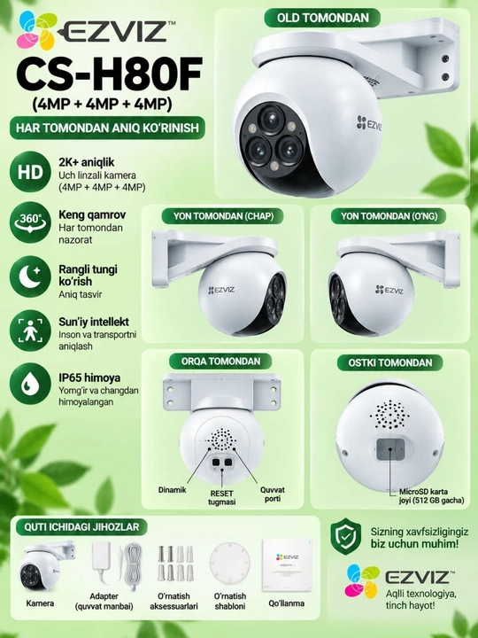 EZVIZ CS-H80F (4MP+4MP+4MP) — 2K+ uch obyektivli Wi-Fi kamera