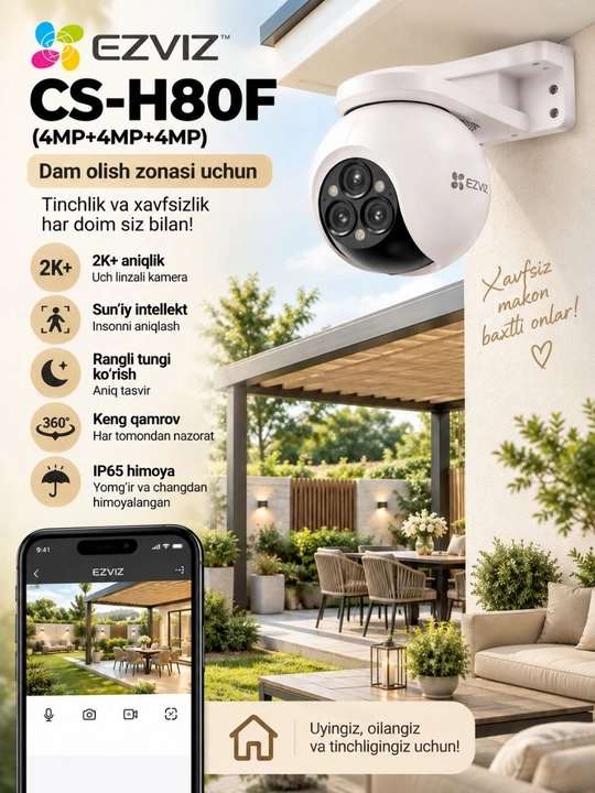 EZVIZ CS-H80F (4MP+4MP+4MP) — 2K+ uch obyektivli Wi-Fi kamera