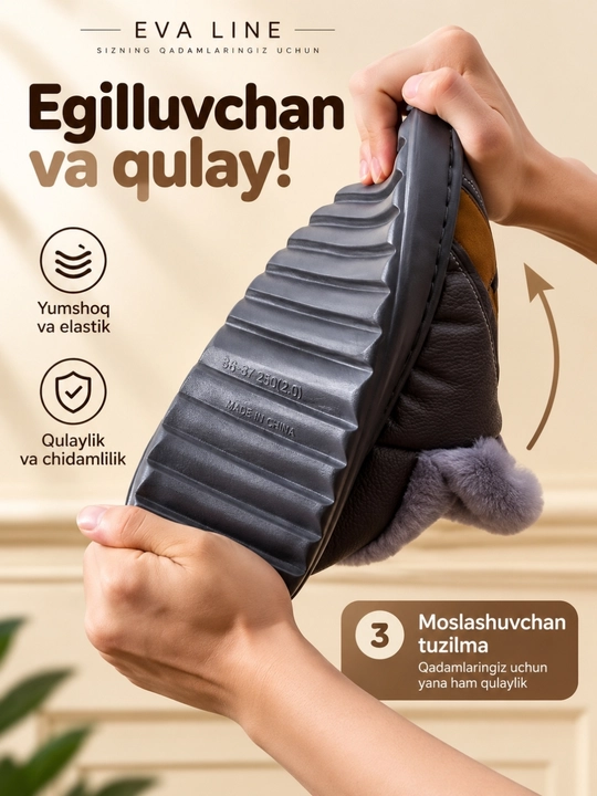 Erkaklar va ayollar uchun qishki mo‘ynali issiq shippaklar, bir razmer katta tanlang