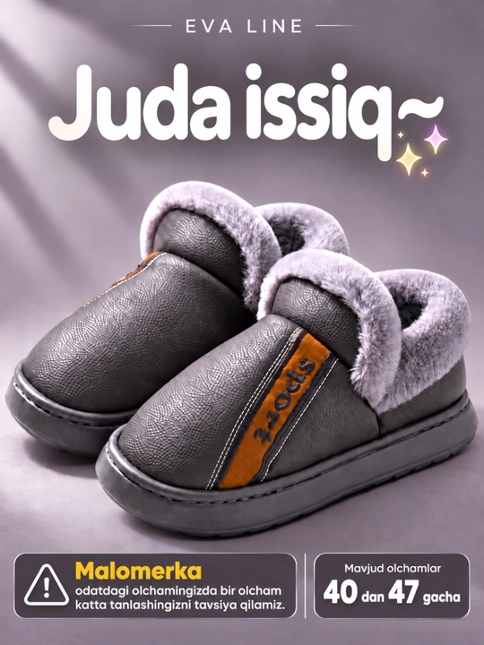 Erkaklar va ayollar uchun qishki mo‘ynali issiq shippaklar, bir razmer katta tanlang