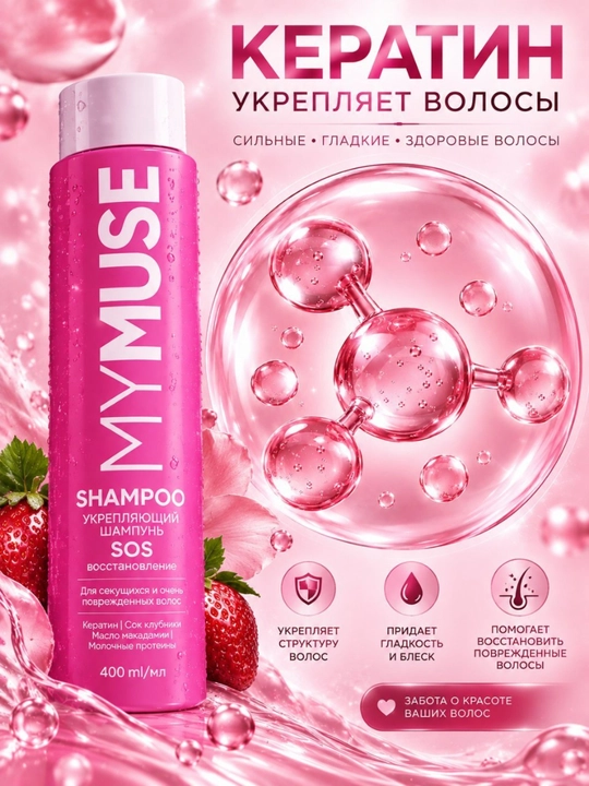 Шампунь MYMUSE SOS укрепляющий, с кератином и маслом макадамии, 400 мл