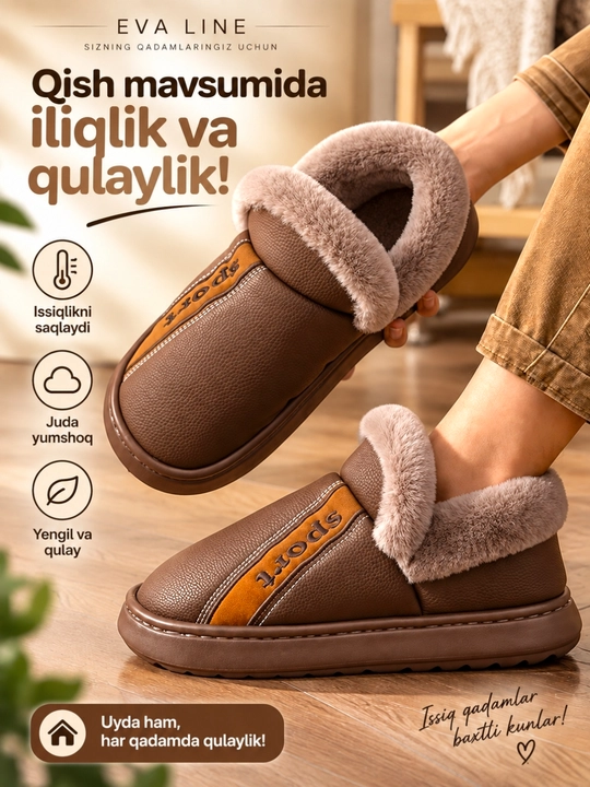 Erkaklar va ayollar uchun qishki mo‘ynali issiq shippaklar, bir razmer katta tanlang