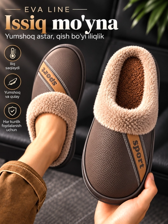 Erkaklar va ayollar uchun qishki mo‘ynali issiq shippaklar, bir razmer katta tanlang