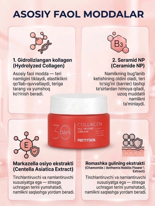 PRETTYSKIN 30 Days All in One Cream: Collagen va Hyaluronic, 4in1 yuz kremi, 100ml, Koreya